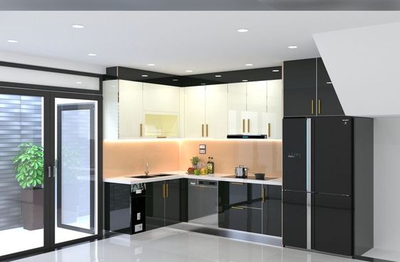 tủ bếp inox chữ L hiện đại