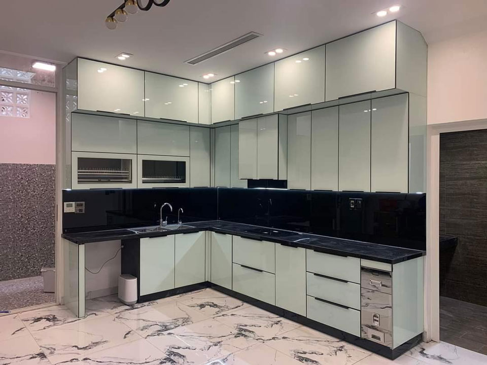 tủ bếp inox chữ L hiện đại