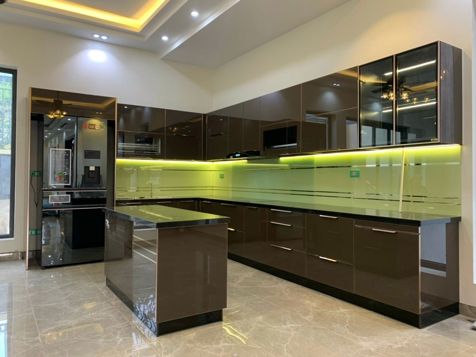 tủ bếp inox chữ L hiện đại